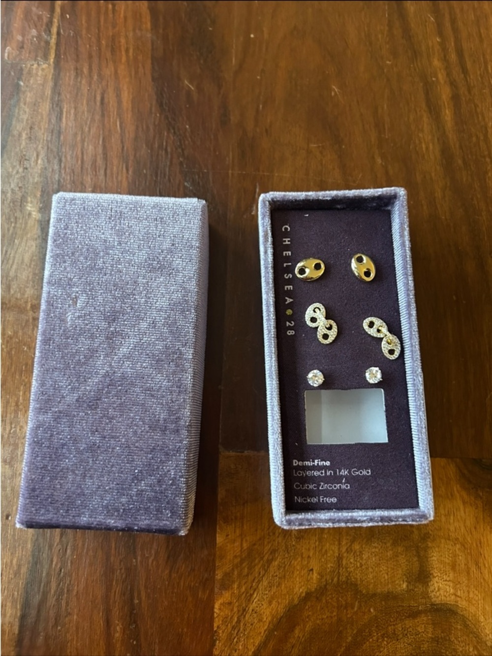 Chelsea28 Gold Tone Stud Earring Trio with Clear Stones - Purple Box